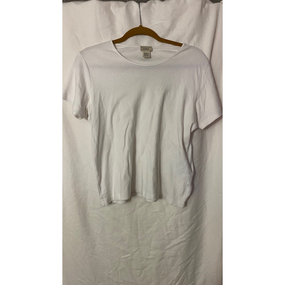 LL Bean Womens White 100% Cotton Short Sleeve Ribbed Crew Neck Tee Medium